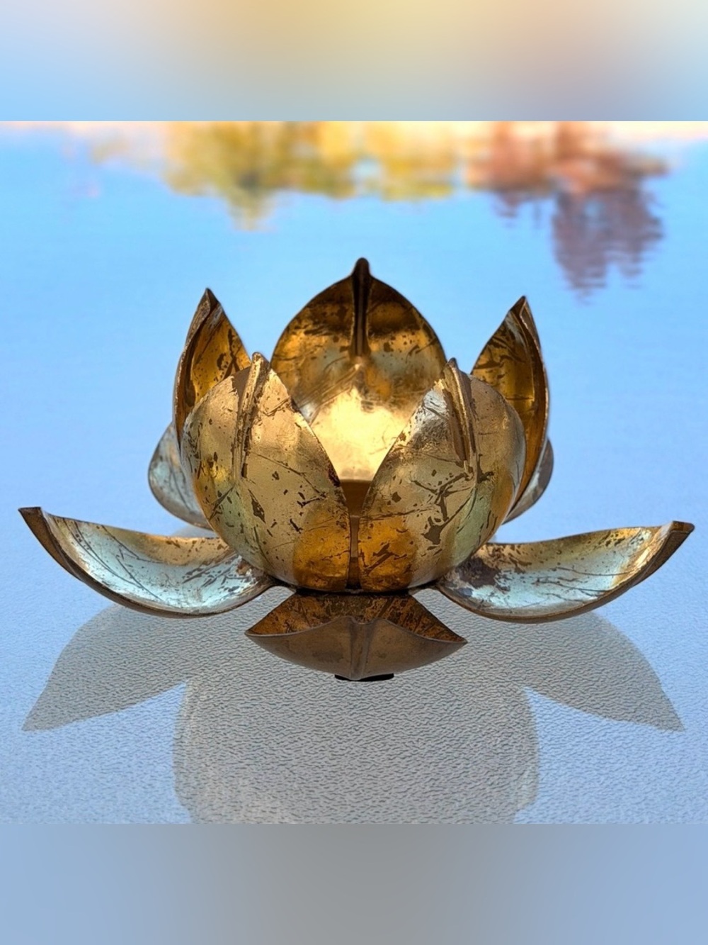 Metal Gold-Colored Lotus Flower Tea Light Holder, Mid-Century Modern